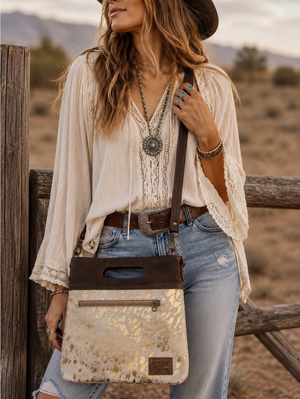 American Darling cowhide hair on gold speckled crossbody bag